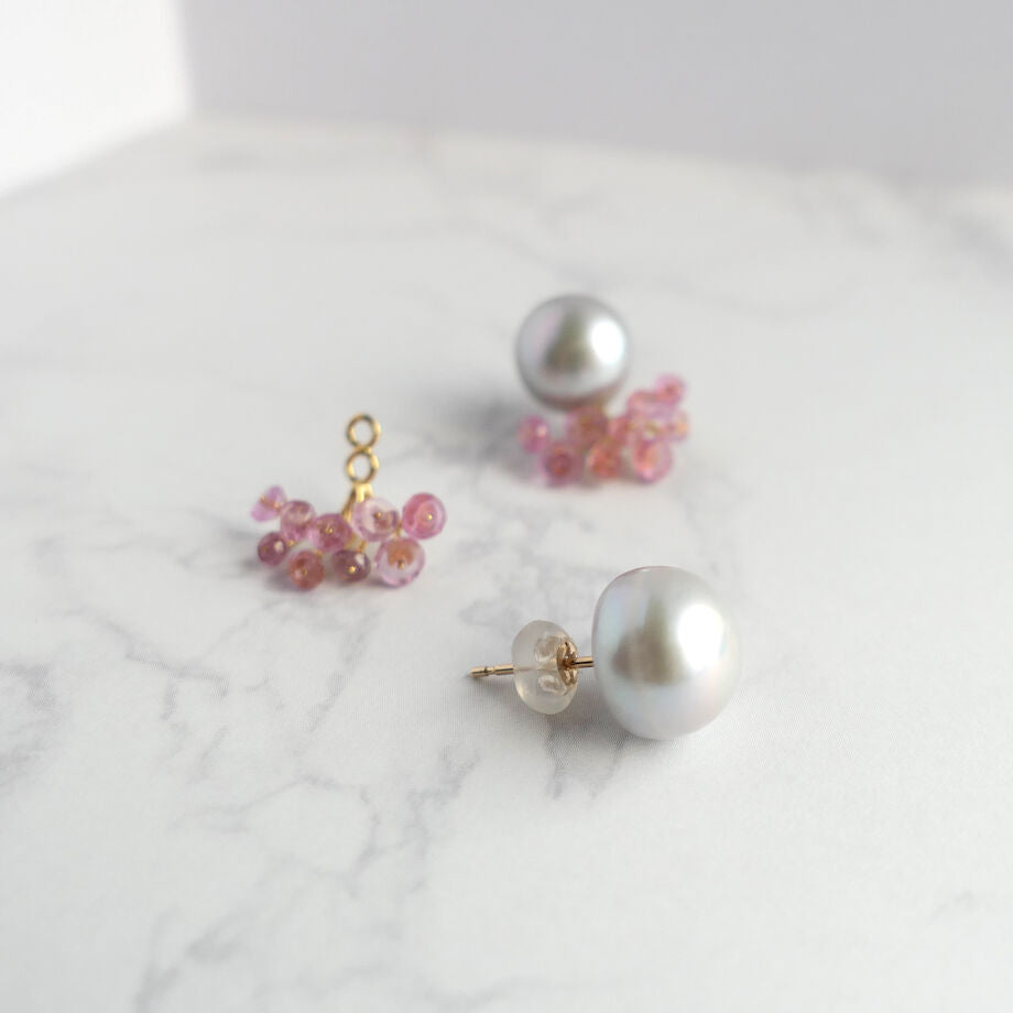 Fairy pierced earrings/grey pearl x pink sapphire/K10