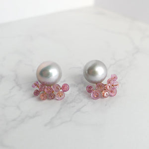 Fairy pierced earrings/grey pearl x pink sapphire/K10